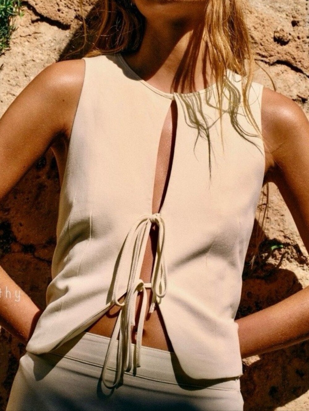 Zara Cream Linen Blend Tie-Front Vest Top